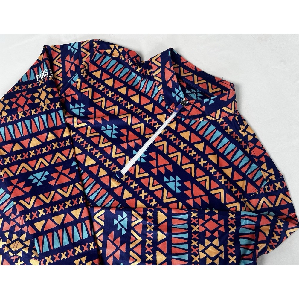 Pins & Aces Pullover Men's Large Blue Aztec Golf Quarter 1/4 Zip Long Sleeve